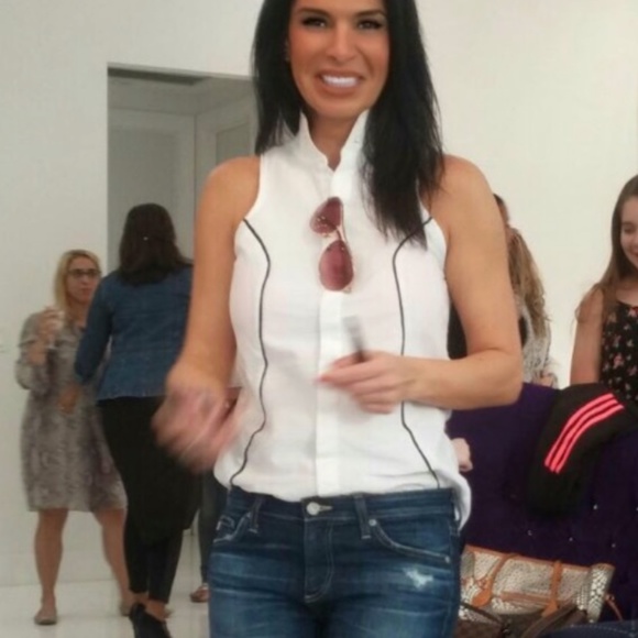 Josh Goot Sleeveless Cotton Tuxedo Blouse, White with details Black lines Sz S - Picture 1 of 9